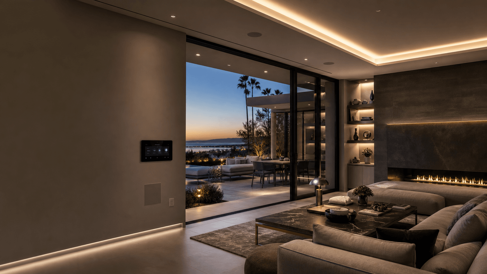 Luxury smart home living room with integrated lighting, audio, and control dashboard